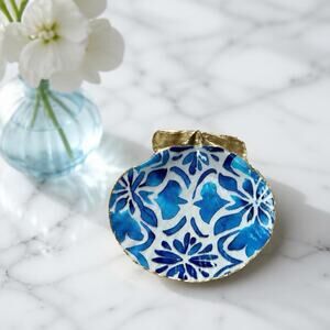 Blue Botanical Shell Trinket Dish | Coastal Jewelry Holder